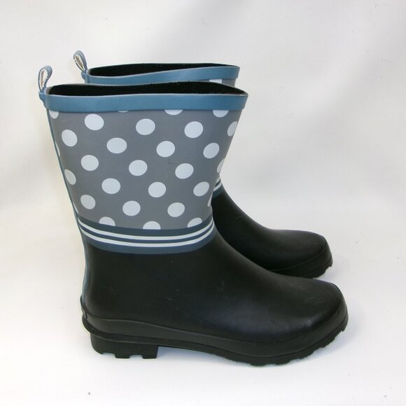 Laura Ashley Women's Mid Calf Rainboots Black & Blue Polka Dots Stripes Size 9 - Picture 1 of 6